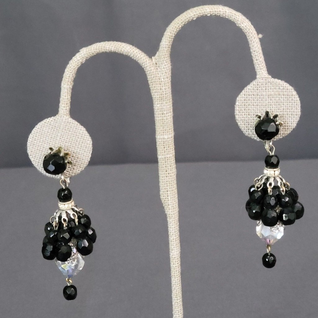 Vendome Aurora Borealis Crystal Silver Tone Clip Dangle Black Bead Earrings 2in 30$